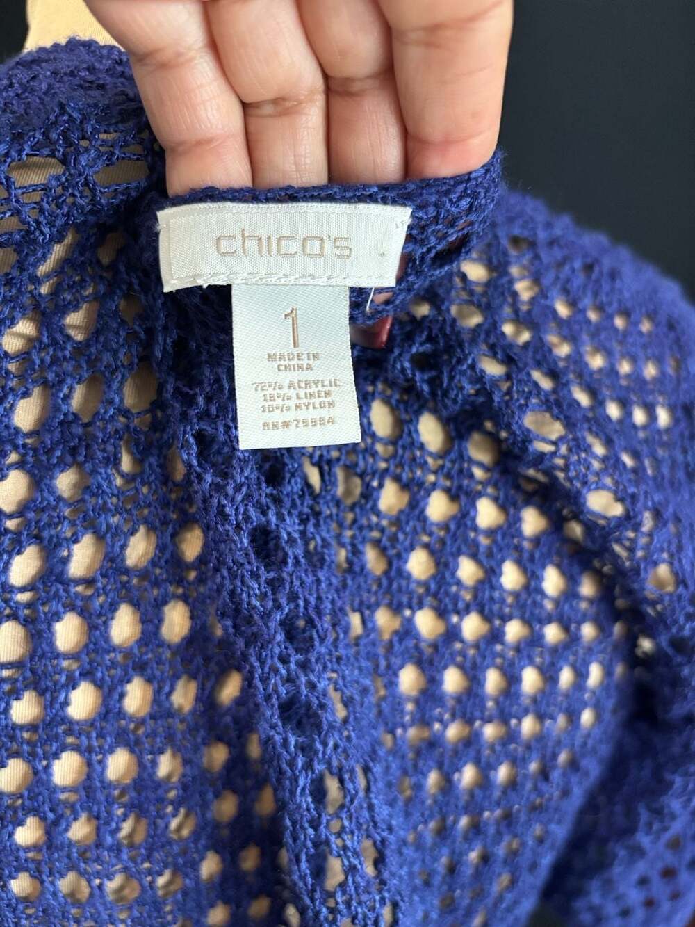 Chico's Blue Fishnet Crochet Knit Short Sleeve Top